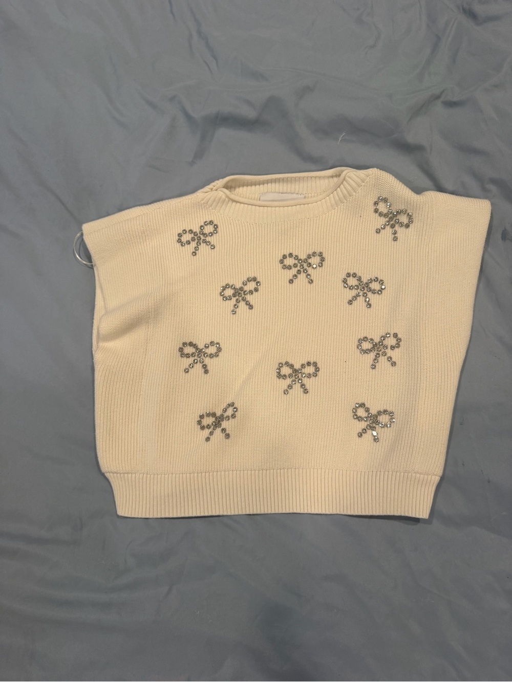 Ivory Crewneck Sweater with Crystal Bow Accents